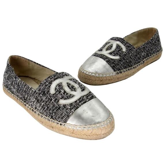 Chanel Espadrille 37 Tweed Canvas Leather Cc Cap-toe Flats CC-S0207P-C044 - Picture 2 of 11